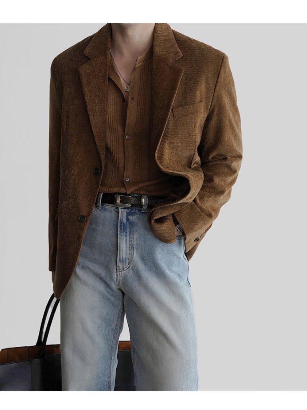 Men's brown twill faux suede blazer jacket, British retro casual style, lightwei